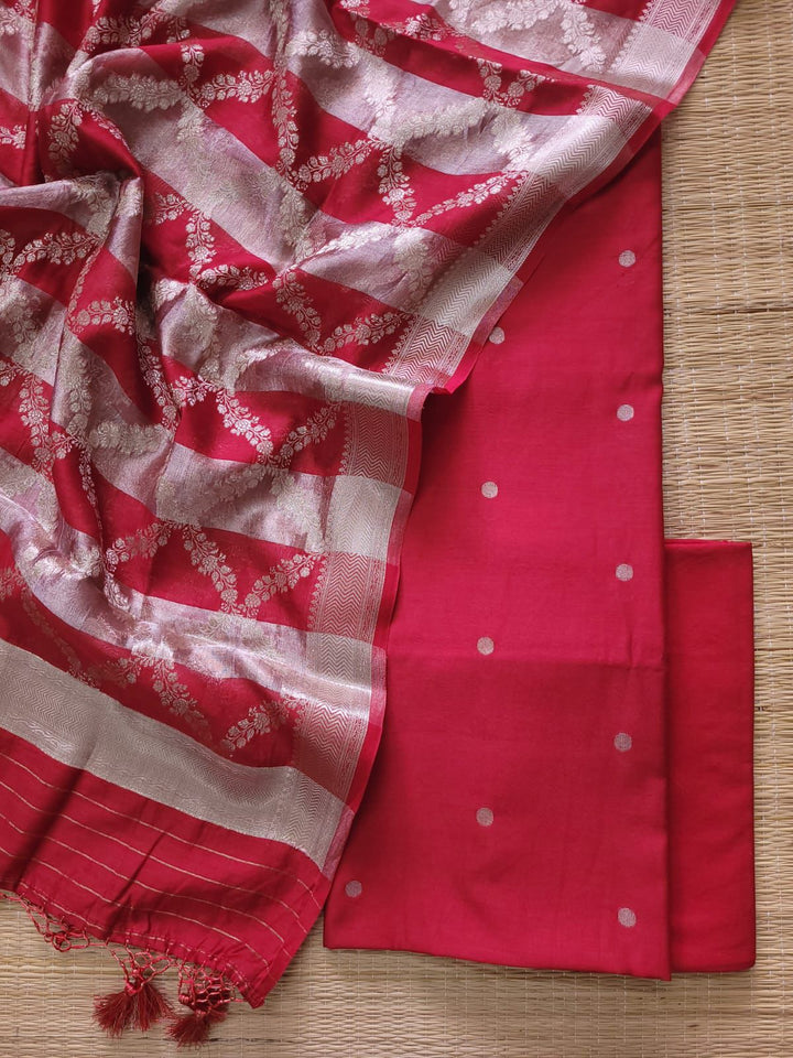Pure Banarasi Chanderi SIlk Unstitched Suit With Tissue Zari Patta Chanderi Dupatta