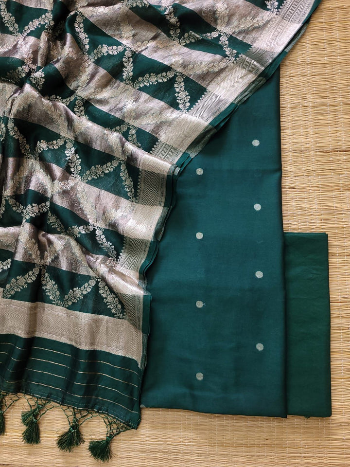 Pure Banarasi Chanderi SIlk Unstitched Suit With Tissue Zari Patta Chanderi Dupatta