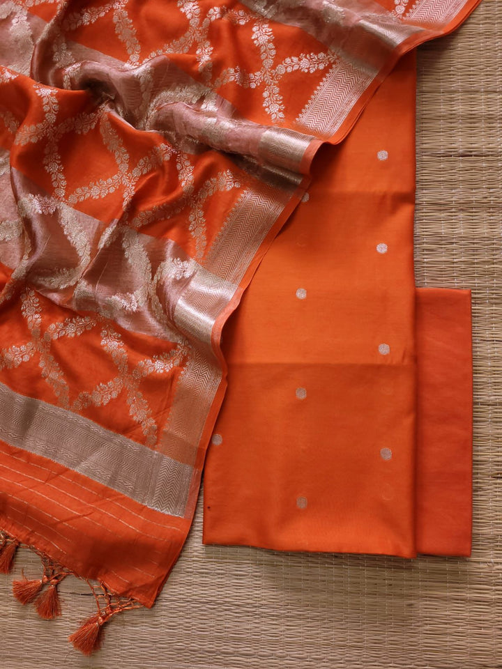 Pure Banarasi Chanderi SIlk Unstitched Suit With Tissue Zari Patta Chanderi Dupatta