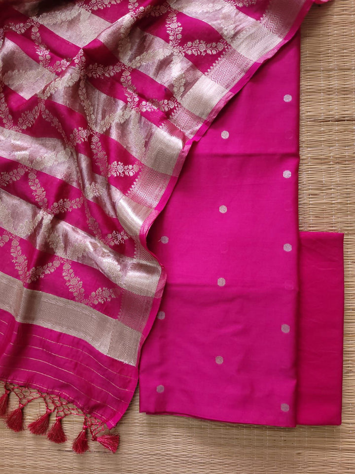 Pure Banarasi Chanderi SIlk Unstitched Suit With Tissue Zari Patta Chanderi Dupatta