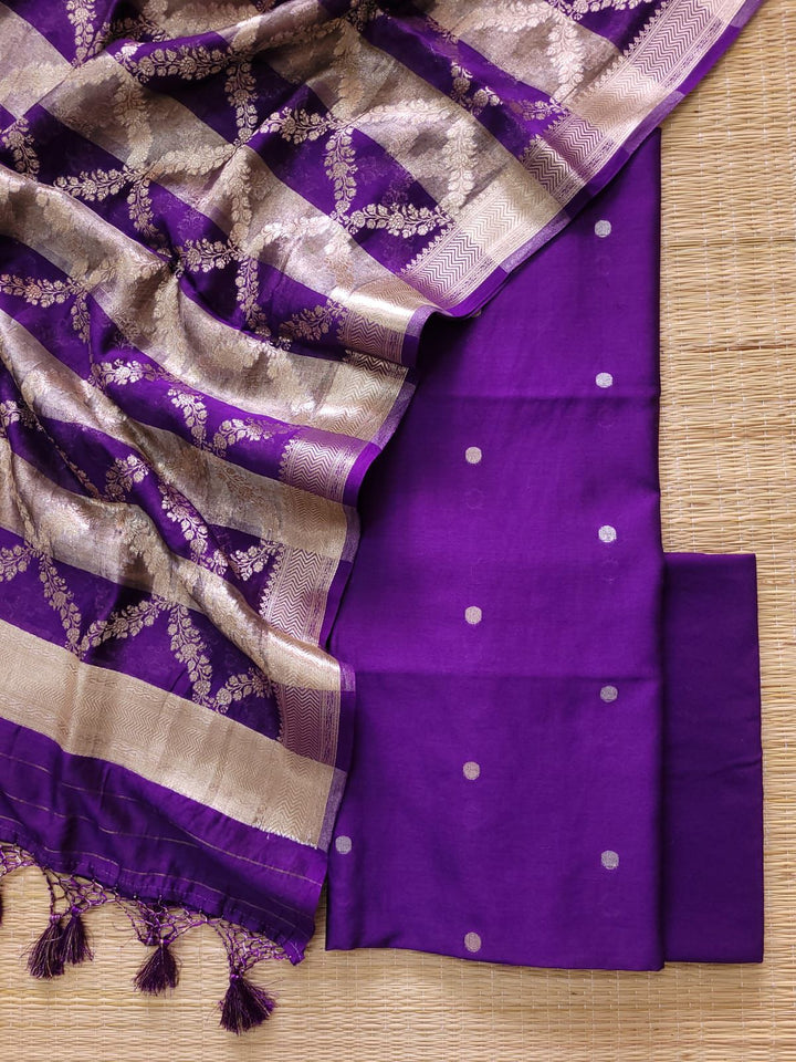 Pure Banarasi Chanderi SIlk Unstitched Suit With Tissue Zari Patta Chanderi Dupatta