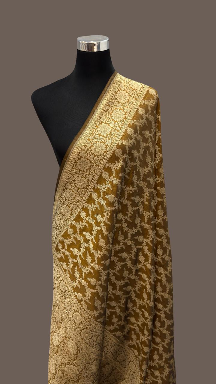 Pure Katan Silk jangla Work Saree With Rich Brocade Work and Gold Zari
