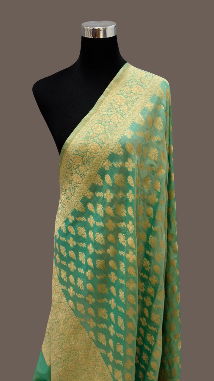 Pure Katan Silk jangla Work Saree With Rich Brocade Work and Gold Zari