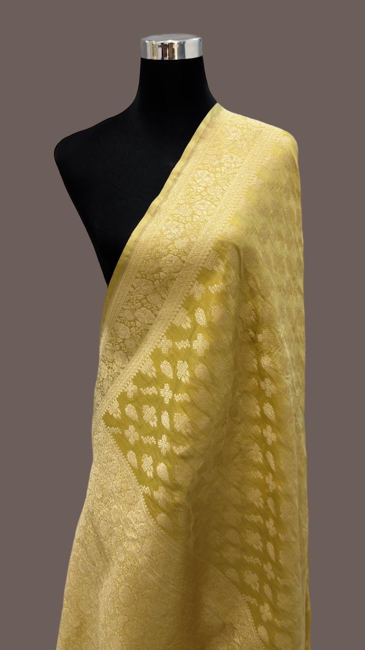 Pure Katan Silk jangla Work Saree With Rich Brocade Work and Gold Zari