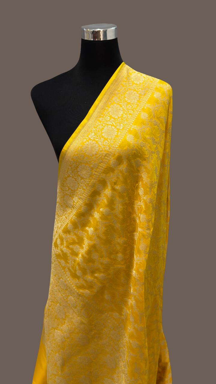 Pure Katan Silk jangla Work Saree With Rich Brocade Work and Gold Zari