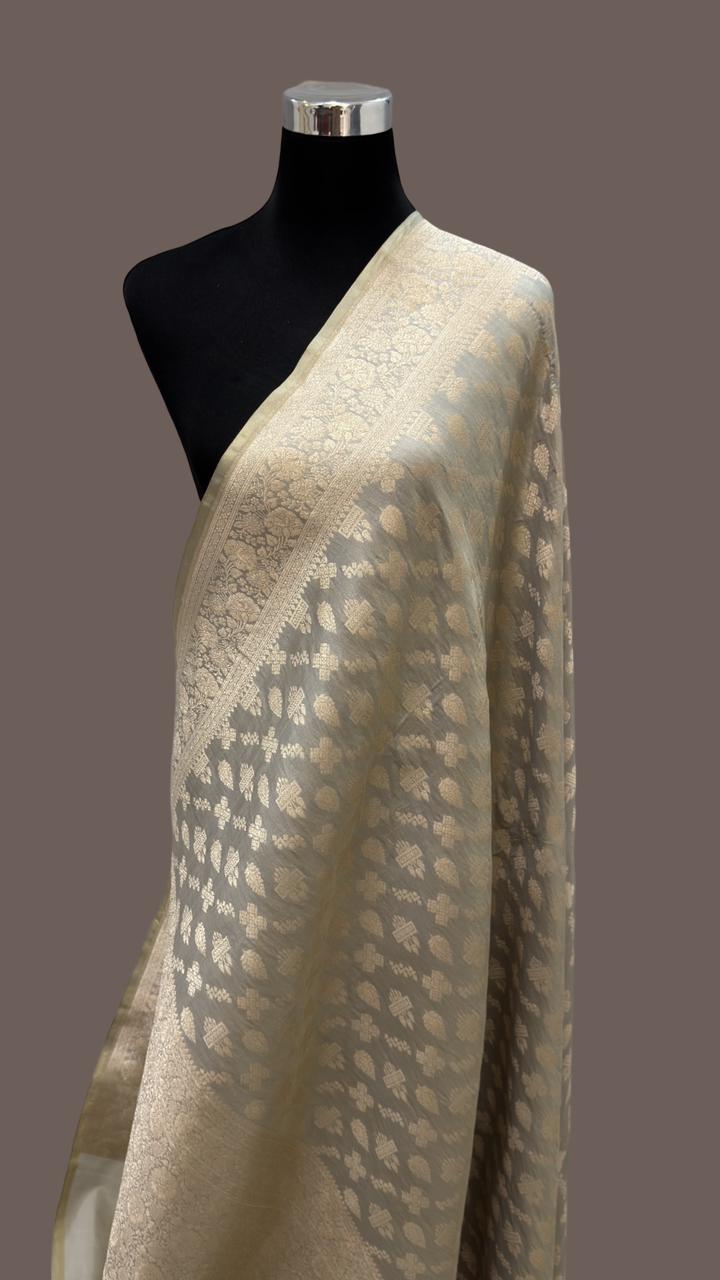 Pure Katan Silk jangla Work Saree With Rich Brocade Work and Gold Zari
