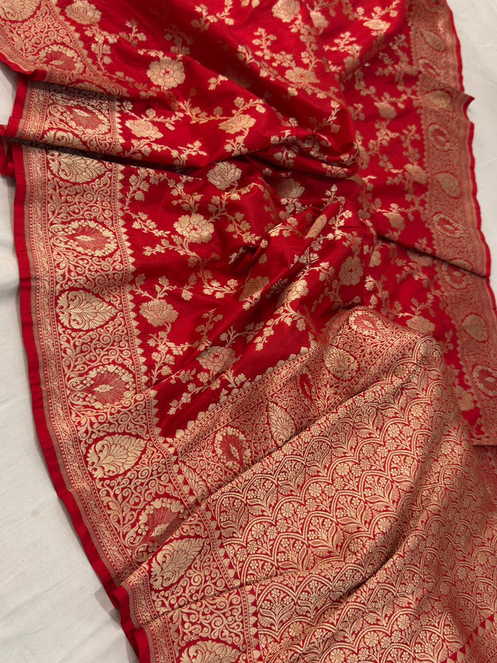 Pure Katan Silk jangla Work Saree With Rich Brocade Work and Gold Zari