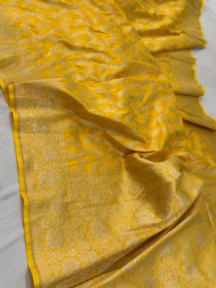 Pure Katan Silk jangla Work Saree With Rich Brocade Work and Gold Zari