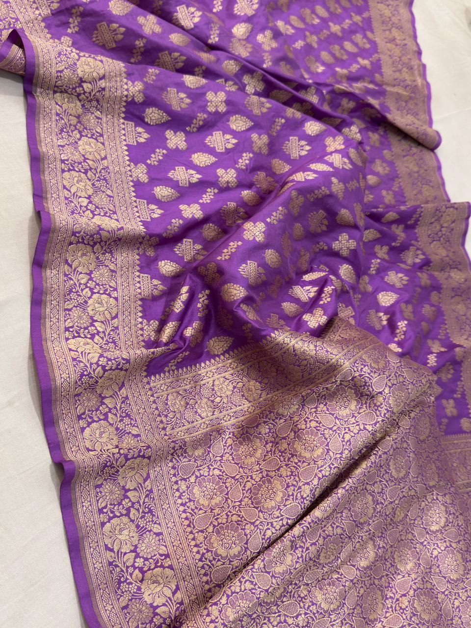 Pure Katan Silk jangla Work Saree With Rich Brocade Work and Gold Zari