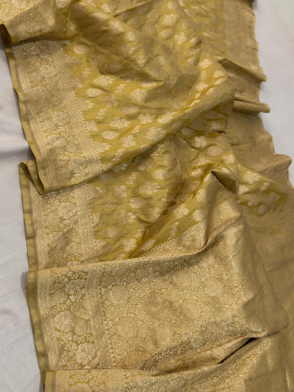 Pure Katan Silk jangla Work Saree With Rich Brocade Work and Gold Zari
