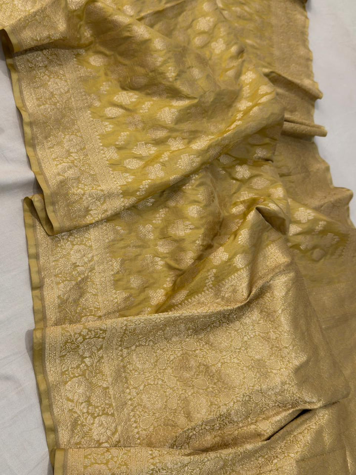 Pure Katan Silk jangla Work Saree With Rich Brocade Work and Gold Zari