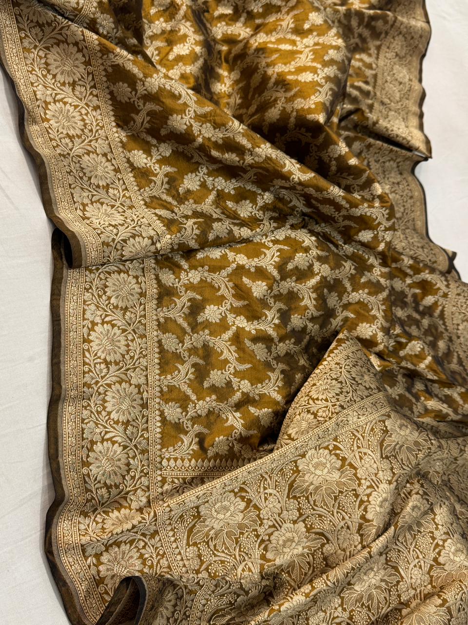 Pure Katan Silk jangla Work Saree With Rich Brocade Work and Gold Zari