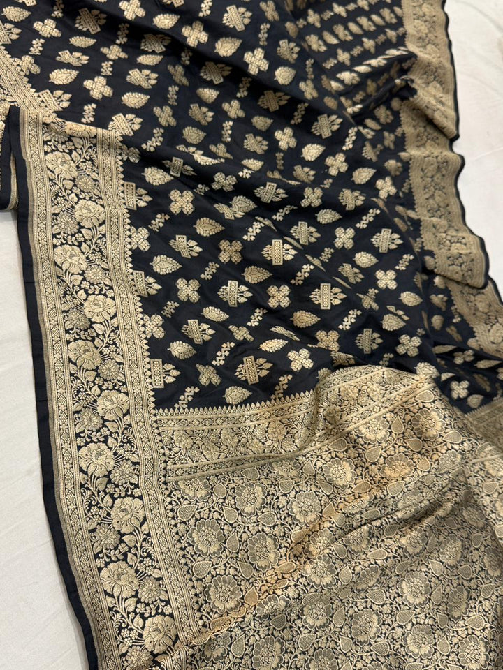 Pure Katan Silk jangla Work Saree With Rich Brocade Work and Gold Zari