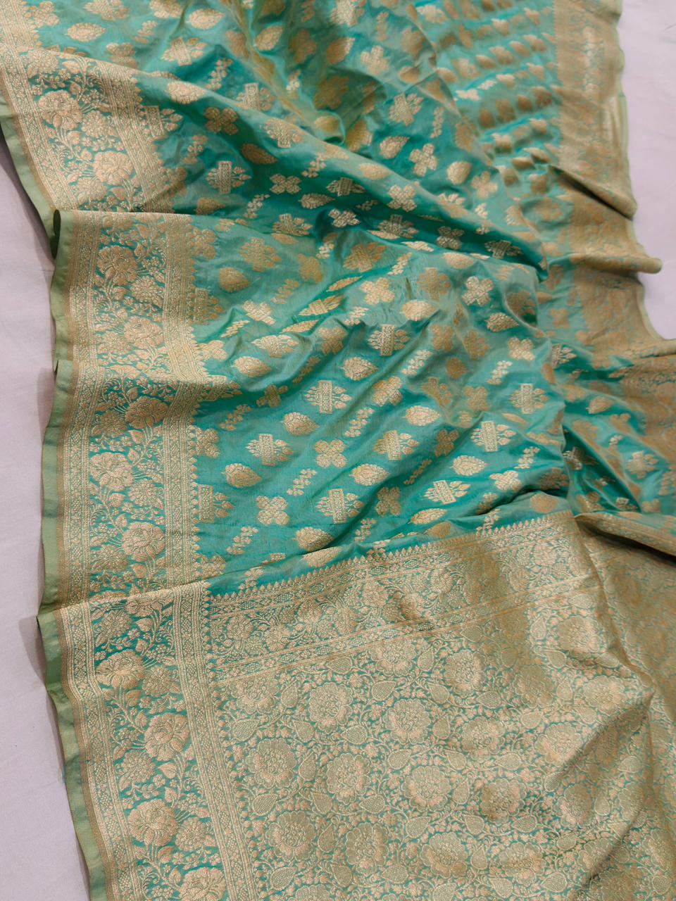 Pure Katan Silk jangla Work Saree With Rich Brocade Work and Gold Zari