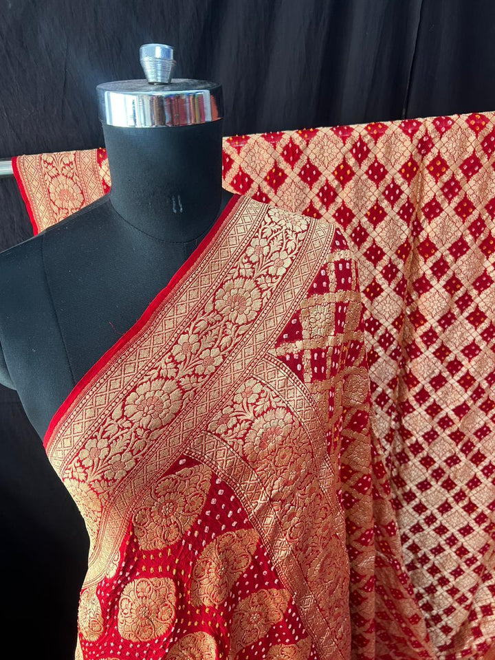 Pure Khaddi Georgette Bandhej Saree with Neemzari Work