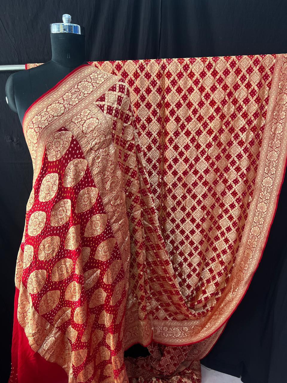 Pure Khaddi Georgette Bandhej Saree with Neemzari Work