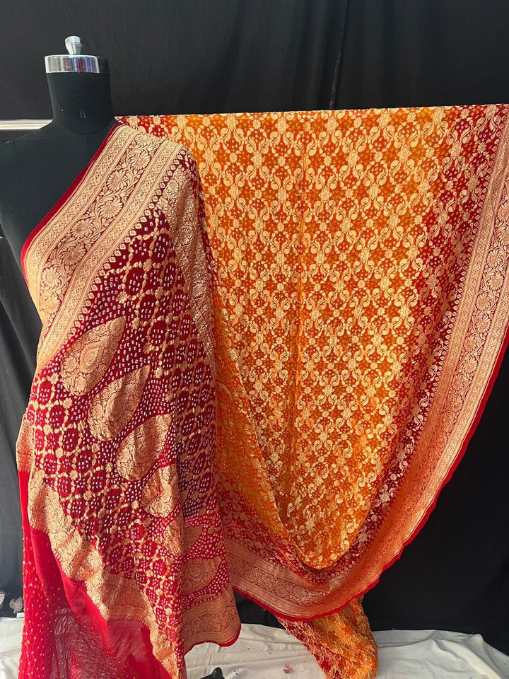 Pure Khaddi Georgette Bandhej Saree with Neemzari Work