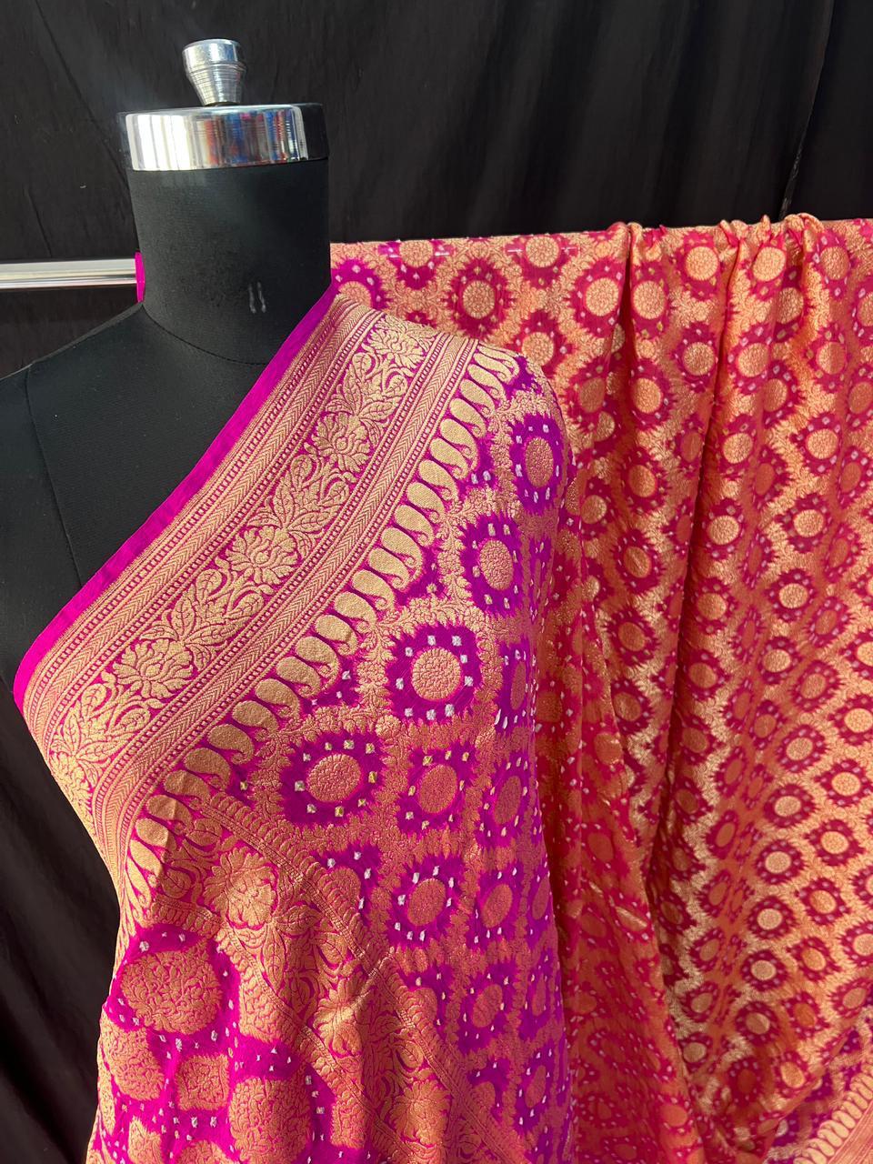 Pure Khaddi Georgette Bandhej Saree with Neemzari Work
