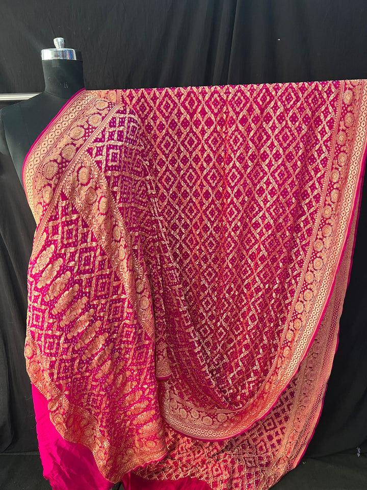 Pure Khaddi Georgette Bandhej Saree with Neemzari Work