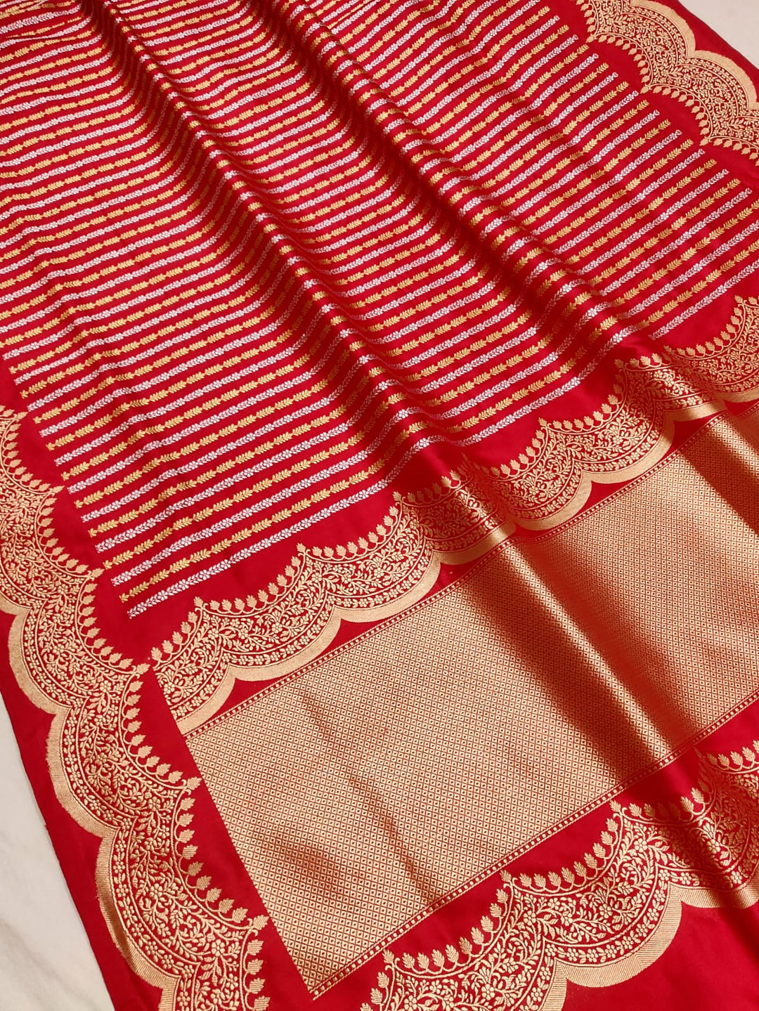 Pure Katan Silk Handwoven Saree With Khadwa Work with designer scallop border