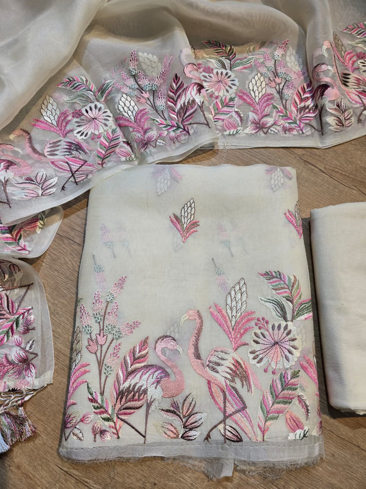 Pure Banarasi Organza Silk Unstitched Suit with Flamingo Embroidery Work