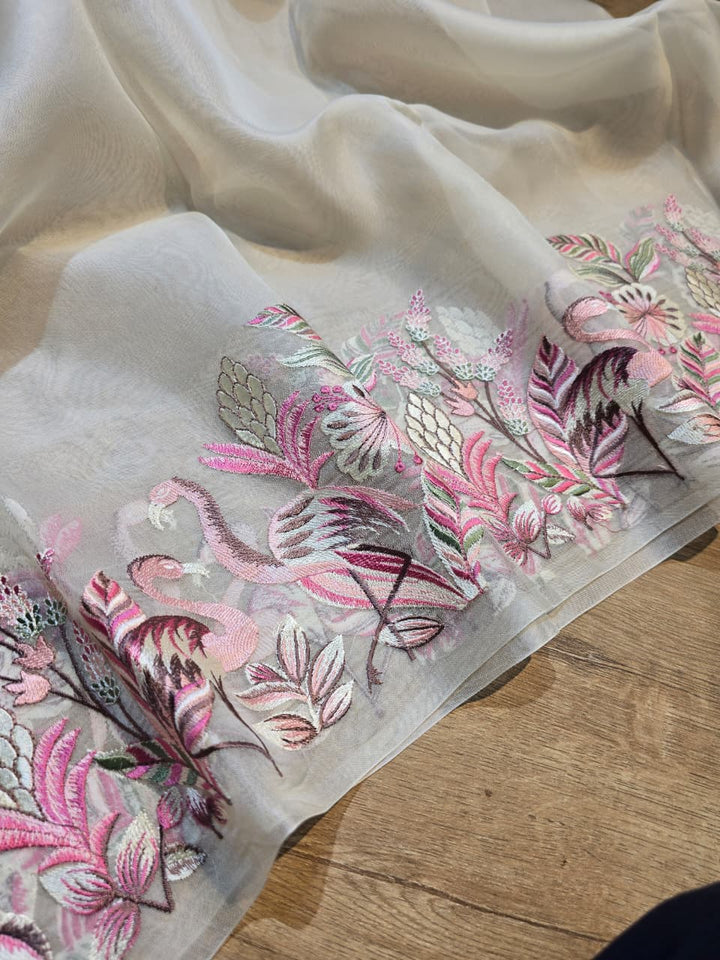 Pure Banarasi Organza Silk Unstitched Suit with Flamingo Embroidery Work