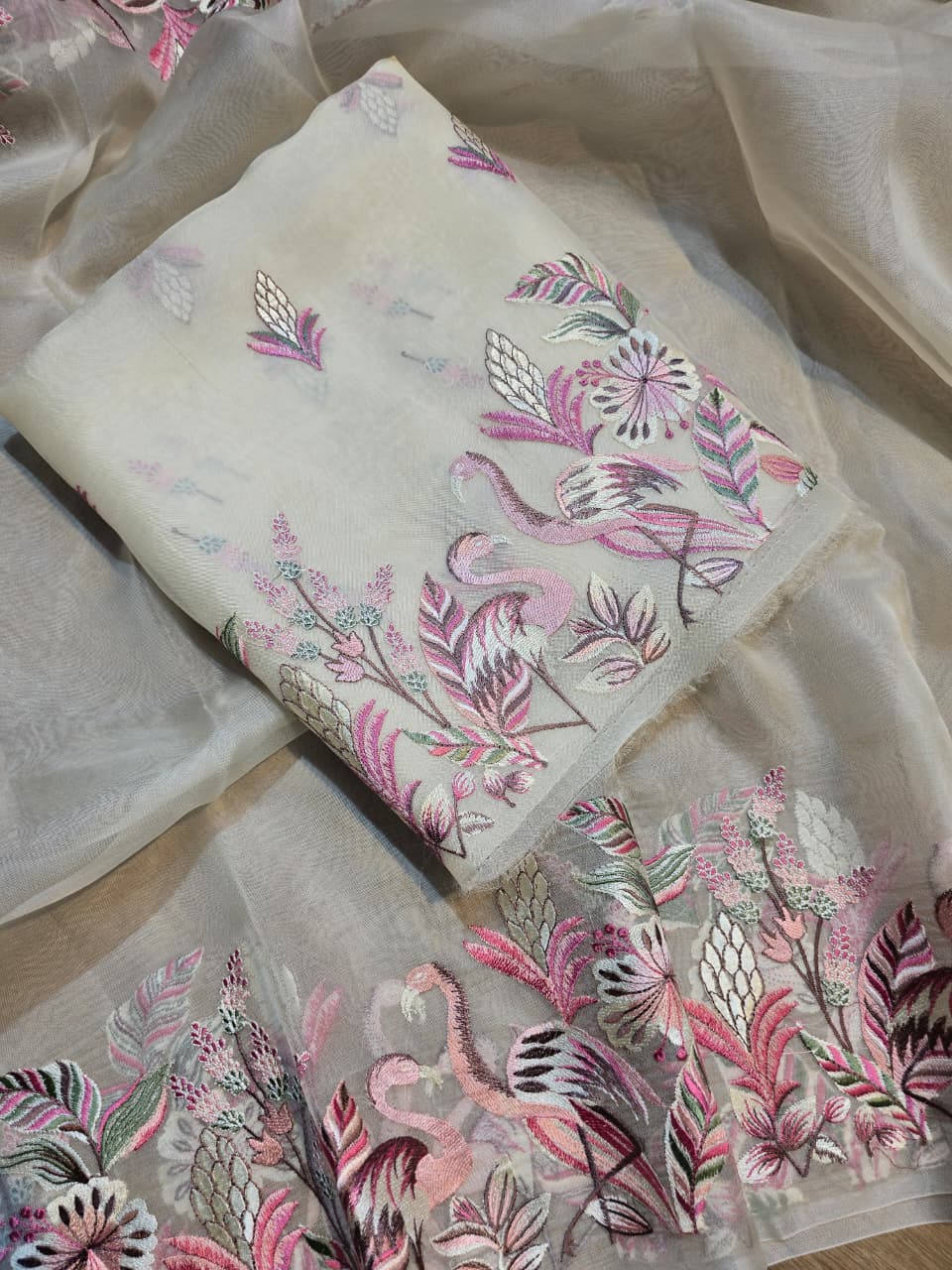 Pure Banarasi Organza Silk Unstitched Suit with Flamingo Embroidery Work