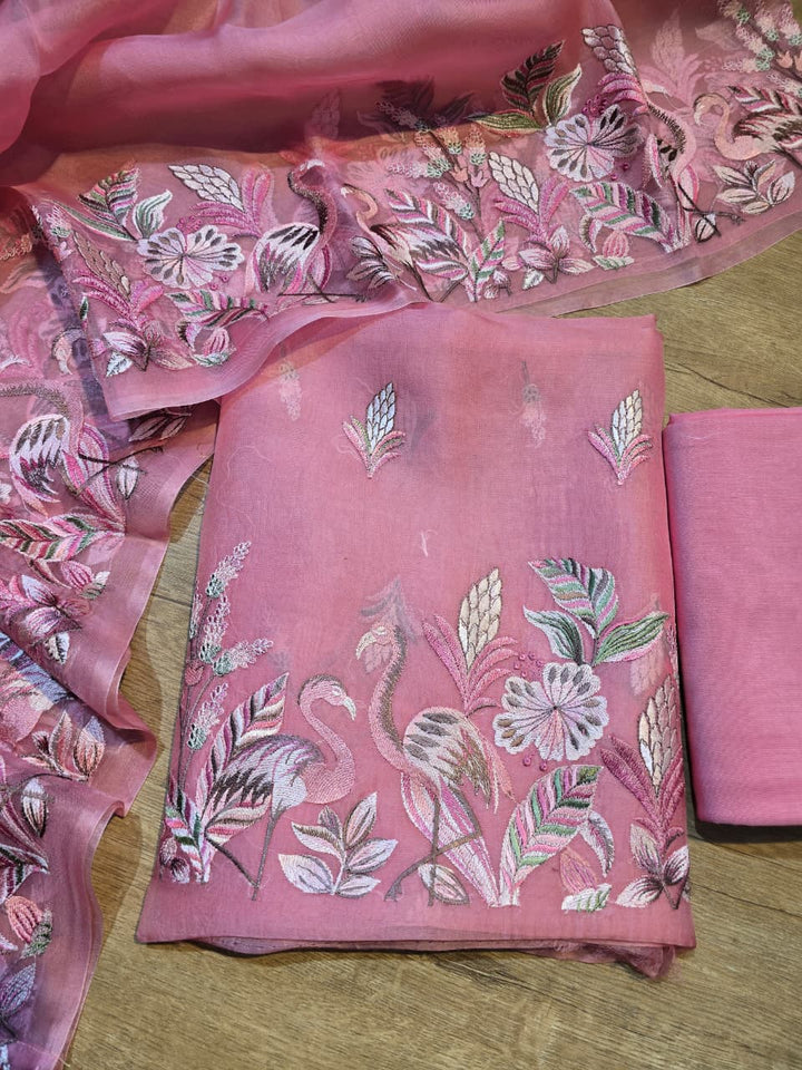 Pure Banarasi Organza Silk Unstitched Suit with Flamingo Embroidery Work