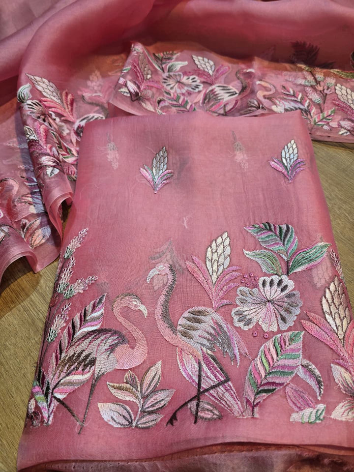 Pure Banarasi Organza Silk Unstitched Suit with Flamingo Embroidery Work