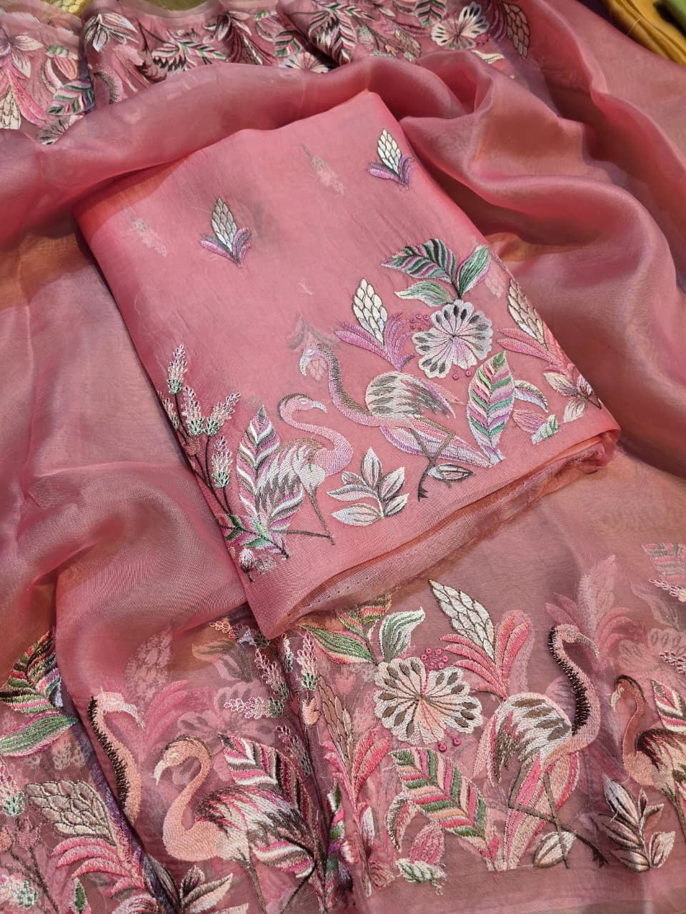 Pure Banarasi Organza Silk Unstitched Suit with Flamingo Embroidery Work