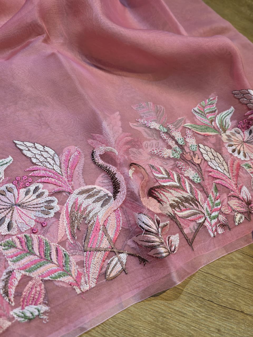 Pure Banarasi Organza Silk Unstitched Suit with Flamingo Embroidery Work