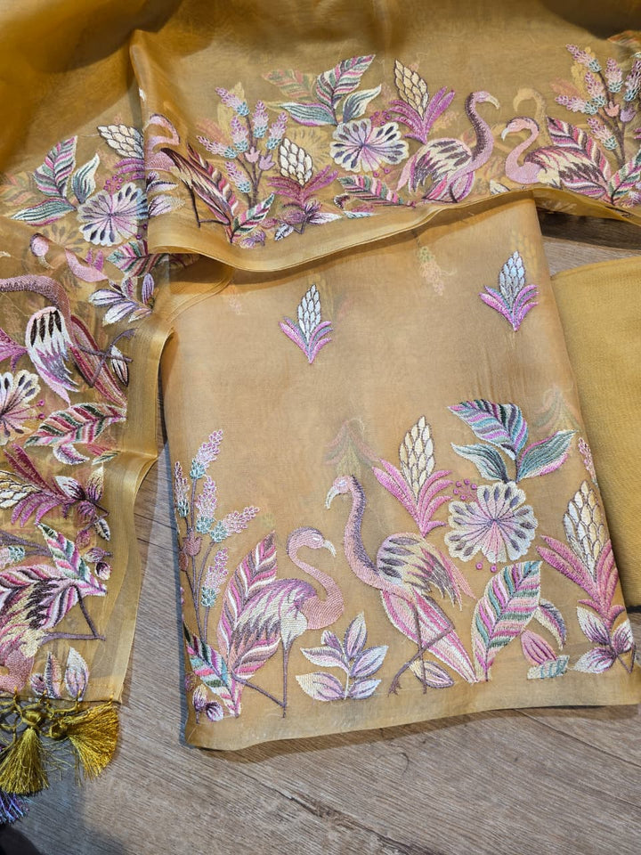 Pure Banarasi Organza Silk Unstitched Suit with Flamingo Embroidery Work