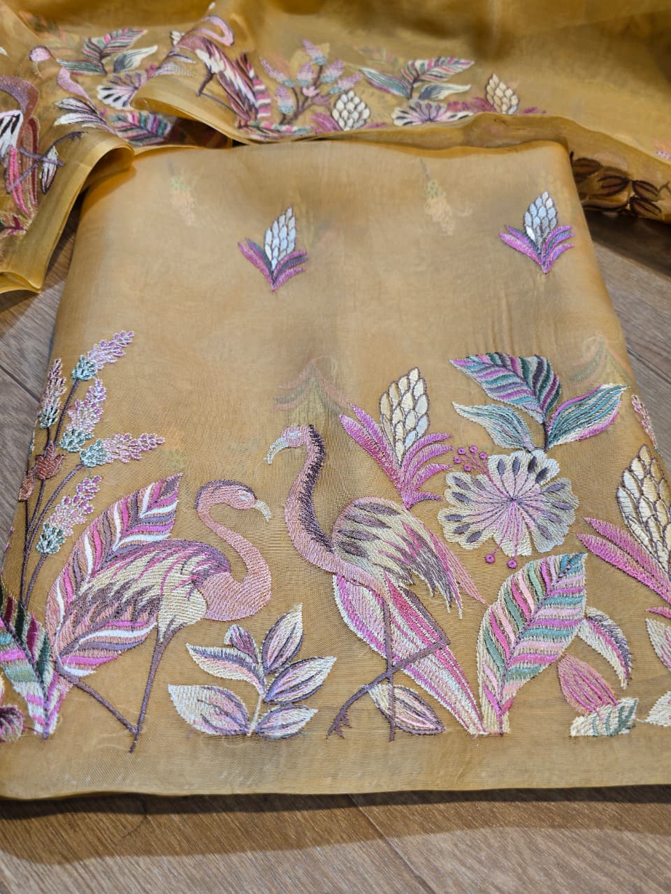 Pure Banarasi Organza Silk Unstitched Suit with Flamingo Embroidery Work