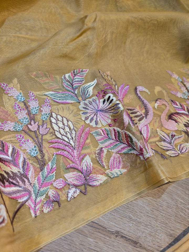 Pure Banarasi Organza Silk Unstitched Suit with Flamingo Embroidery Work