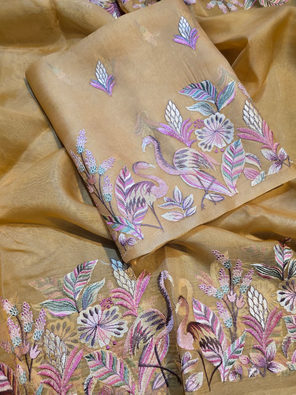 Pure Banarasi Organza Silk Unstitched Suit with Flamingo Embroidery Work