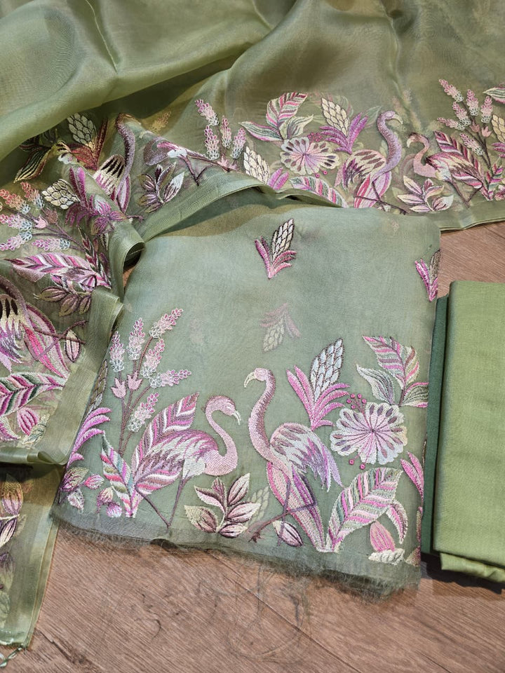 Pure Banarasi Organza Silk Unstitched Suit with Flamingo Embroidery Work
