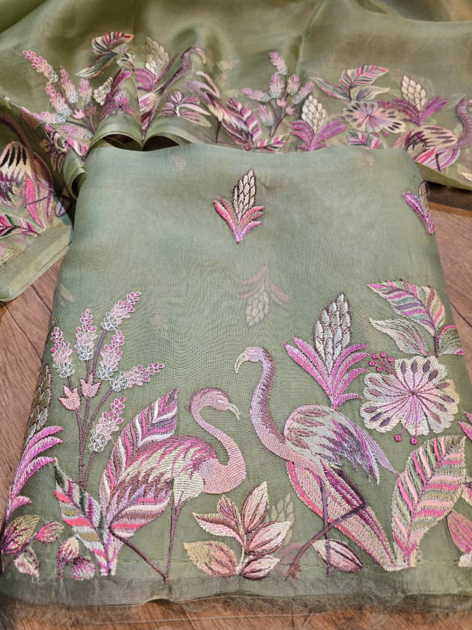 Pure Banarasi Organza Silk Unstitched Suit with Flamingo Embroidery Work