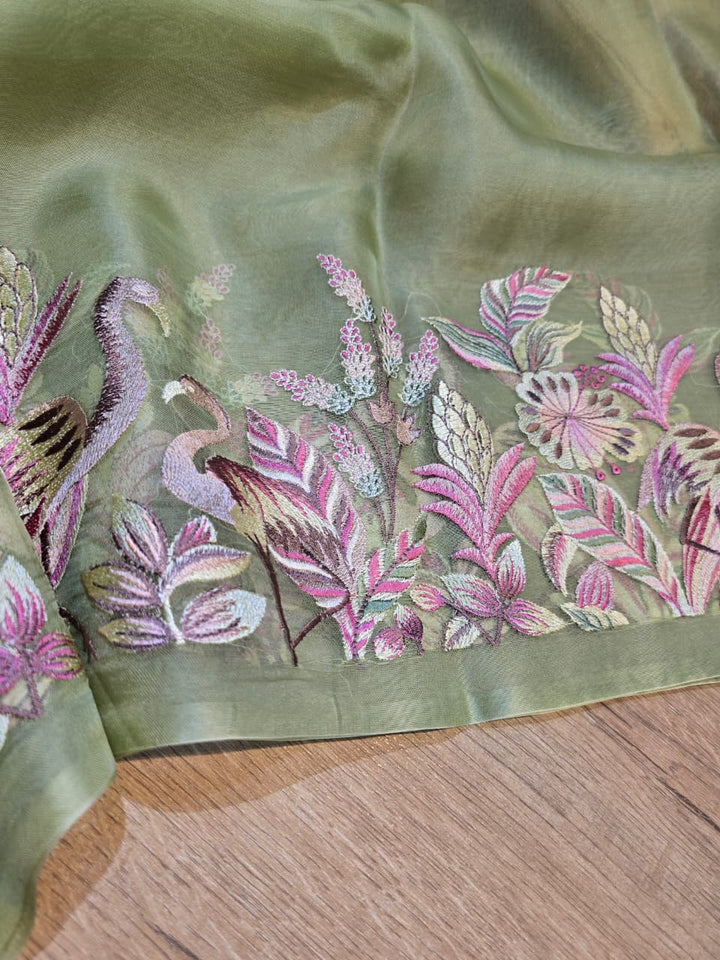 Pure Banarasi Organza Silk Unstitched Suit with Flamingo Embroidery Work