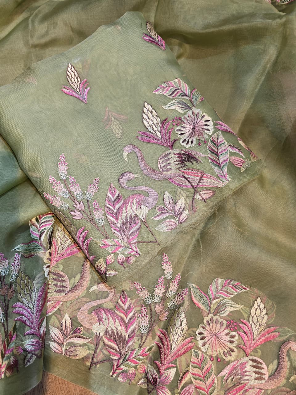 Pure Banarasi Organza Silk Unstitched Suit with Flamingo Embroidery Work