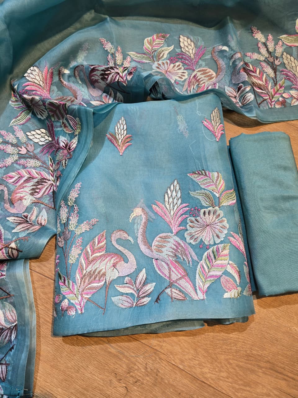 Pure Banarasi Organza Silk Unstitched Suit with Flamingo Embroidery Work