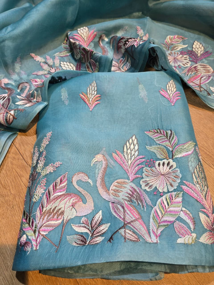 Pure Banarasi Organza Silk Unstitched Suit with Flamingo Embroidery Work