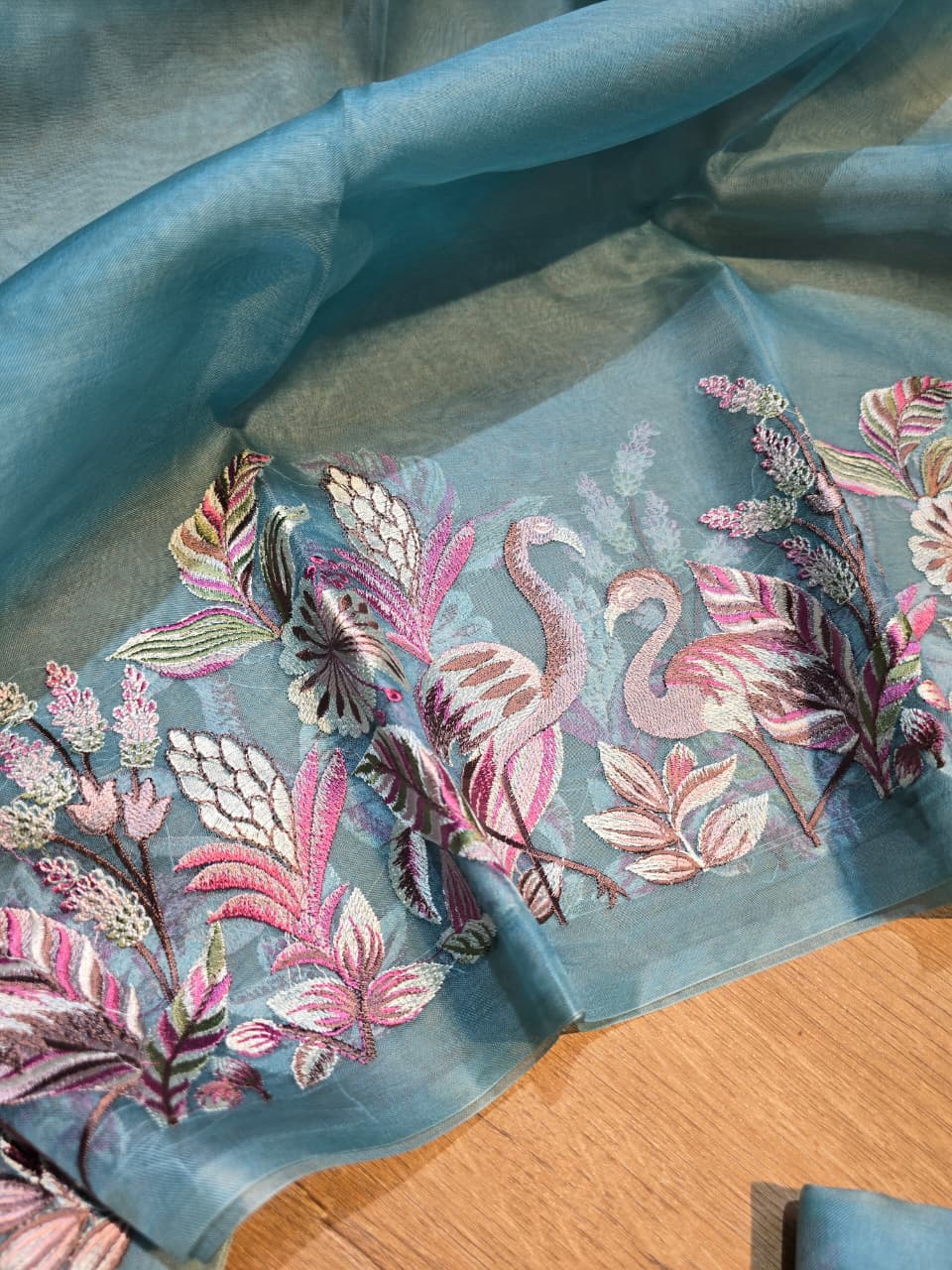 Pure Banarasi Organza Silk Unstitched Suit with Flamingo Embroidery Work