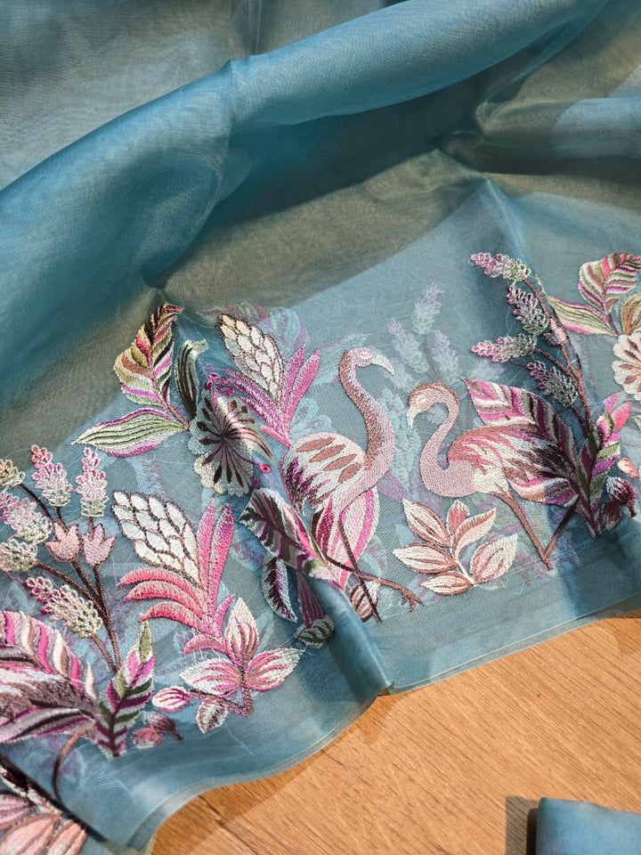 Pure Banarasi Organza Silk Unstitched Suit with Flamingo Embroidery Work