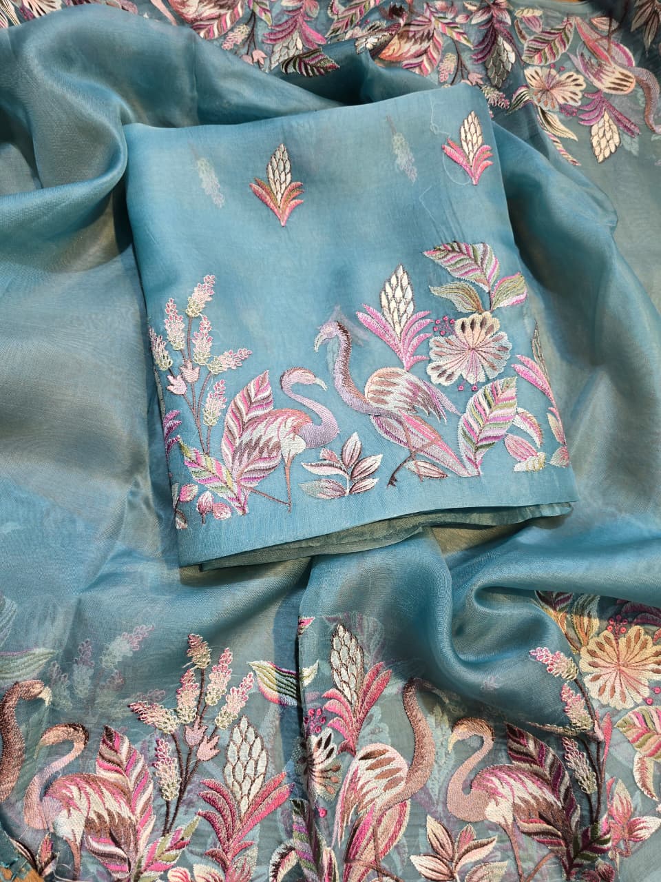 Pure Banarasi Organza Silk Unstitched Suit with Flamingo Embroidery Work