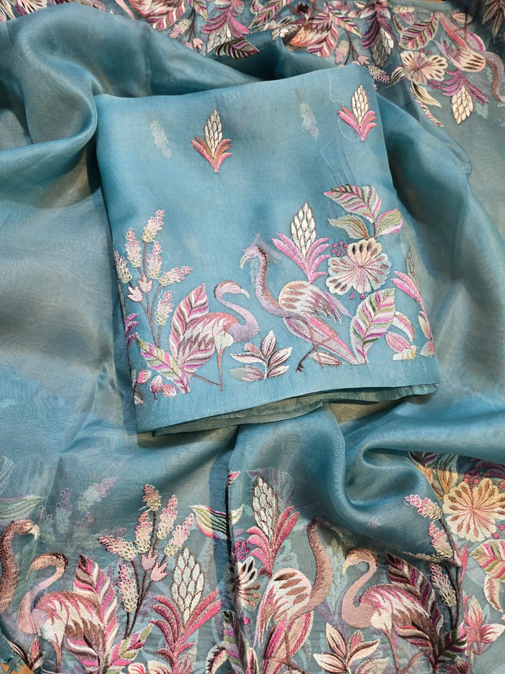 Pure Banarasi Organza Silk Unstitched Suit with Flamingo Embroidery Work