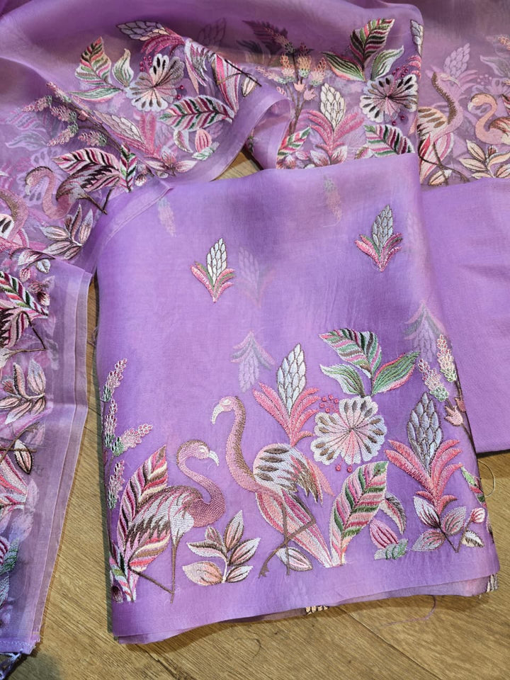 Pure Banarasi Organza Silk Unstitched Suit with Flamingo Embroidery Work