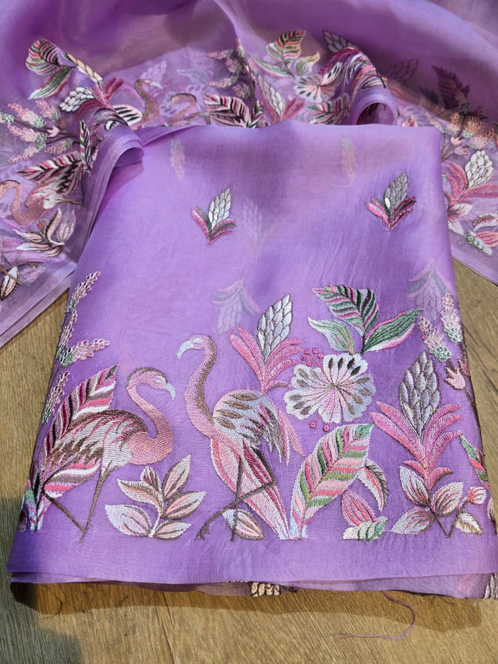 Pure Banarasi Organza Silk Unstitched Suit with Flamingo Embroidery Work