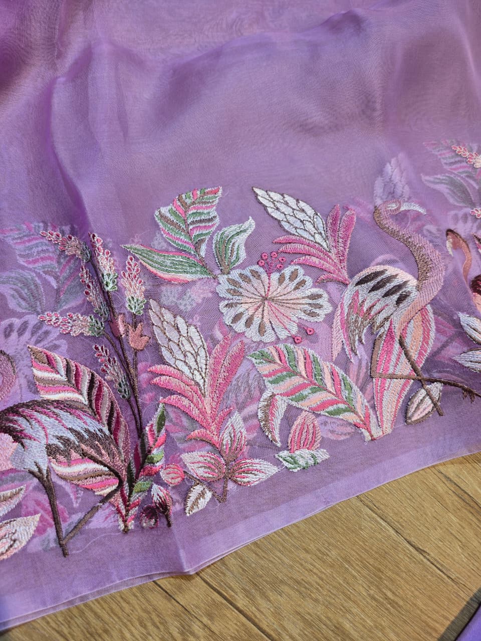 Pure Banarasi Organza Silk Unstitched Suit with Flamingo Embroidery Work