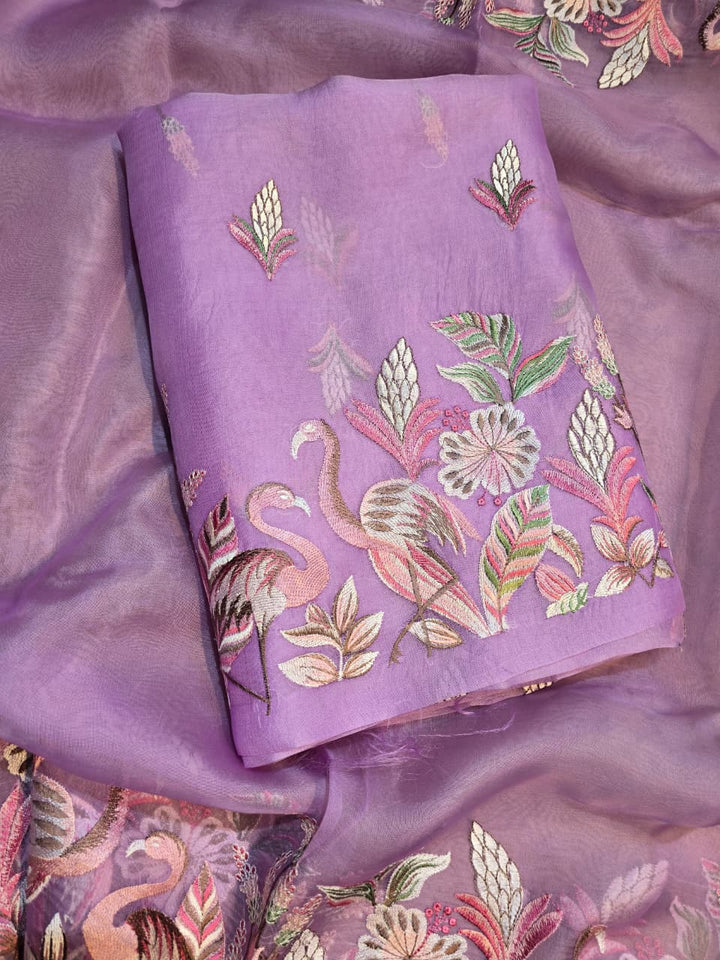 Pure Banarasi Organza Silk Unstitched Suit with Flamingo Embroidery Work