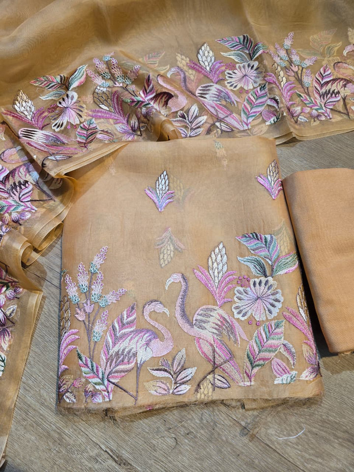 Pure Banarasi Organza Silk Unstitched Suit with Flamingo Embroidery Work